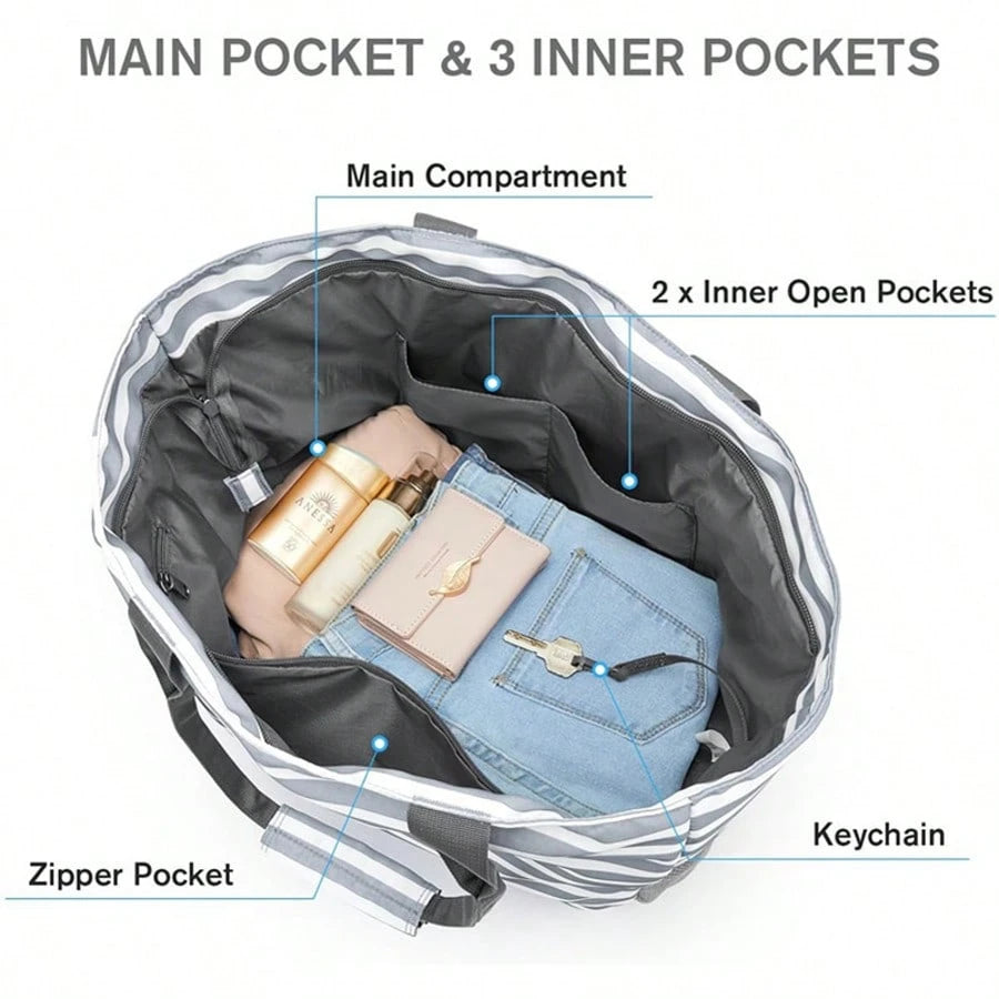 Large Waterproof Foldable Beach Tote Bag, Spacious Portable Handbag