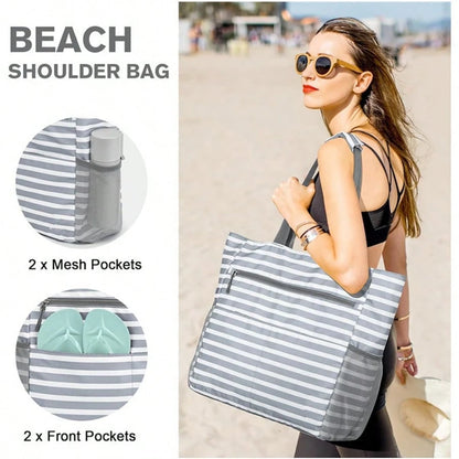 Large Waterproof Foldable Beach Tote Bag, Spacious Portable Handbag