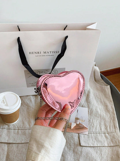 Laser Heart Girls Fashionable Shoulder Bag Chain Strap Crossbody Purse PU Leather Casual Small Bag