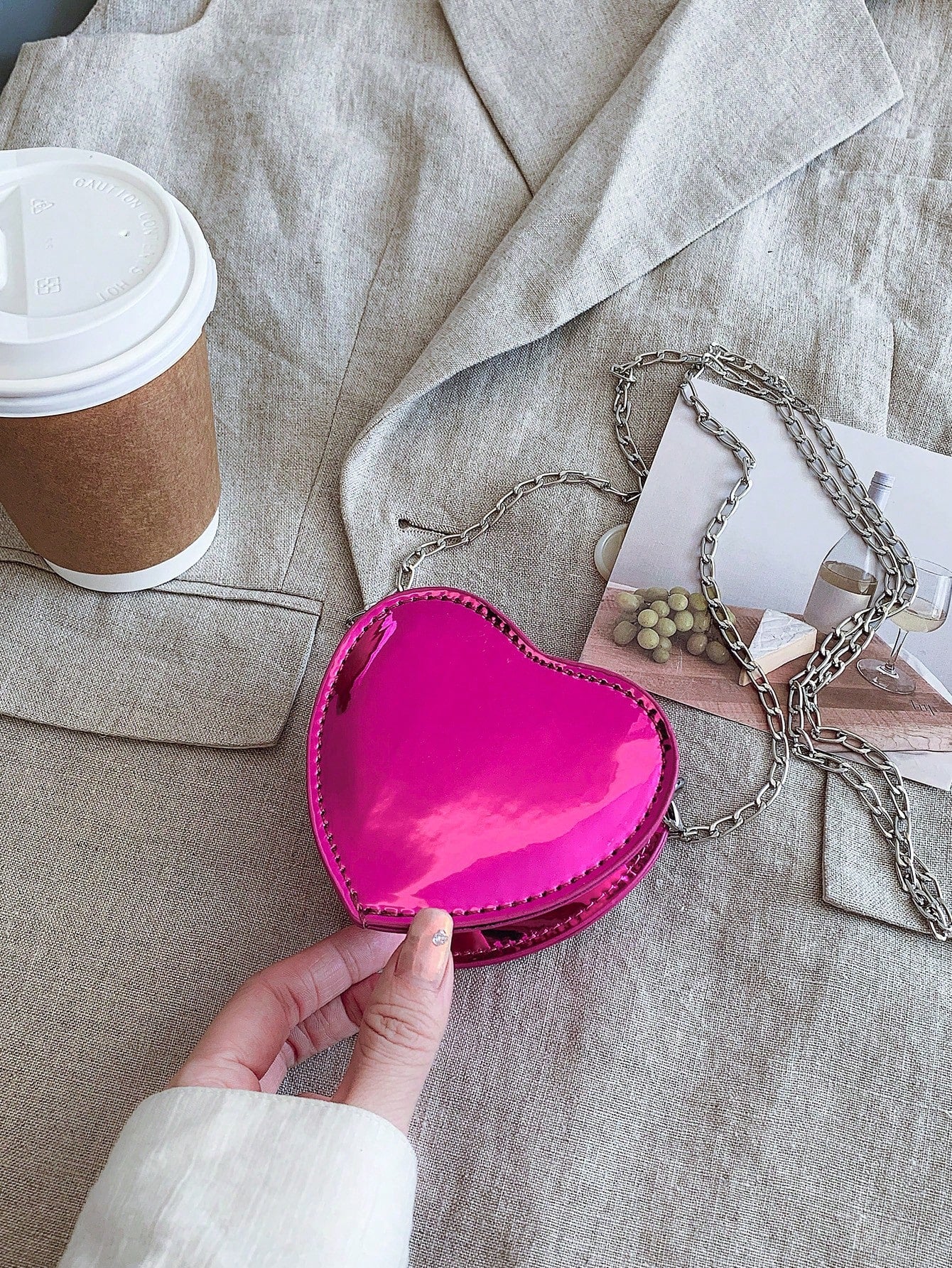 Laser Heart Girls Fashionable Shoulder Bag Chain Strap Crossbody Purse PU Leather Casual Small Bag
