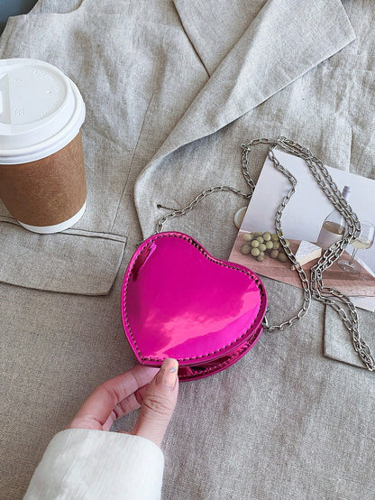 Laser Heart Girls Fashionable Shoulder Bag Chain Strap Crossbody Purse PU Leather Casual Small Bag
