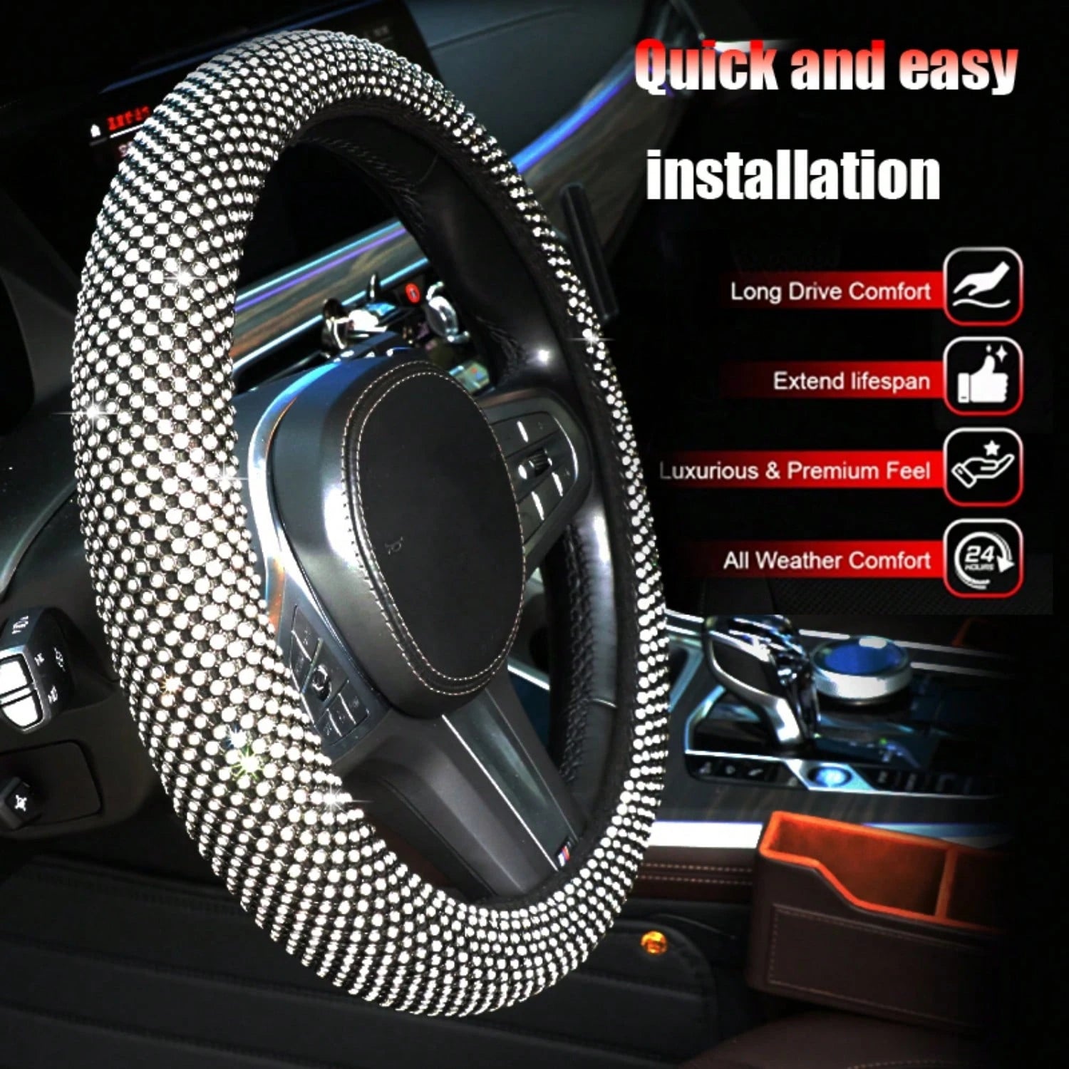 Latest Mesh Shiny Rhinestone Embellished Car Steering Wheel Cover, Anti-Slip Rubber Inner Ring, Snug Fit To Steering Wheel. Women's Car Interior Accessory