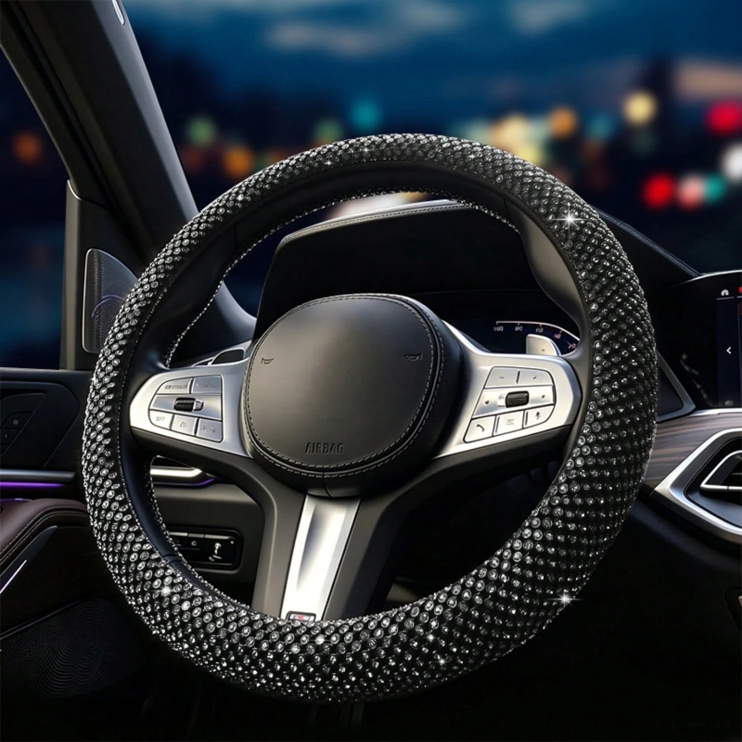 Latest Mesh Shiny Rhinestone Embellished Car Steering Wheel Cover, Anti-Slip Rubber Inner Ring, Snug Fit To Steering Wheel. Women's Car Interior Accessory