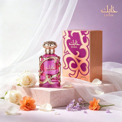 Lattafa Habik EDP For Women (3.4 Oz/ 100 Ml) Features Notes Of Crisp Pear, Jasmine, Freesia, Amber, Oakmoss, And White Musk; It Offers A Longevity Of Approximately 6–8 Hours With A Natural, Non-Intru