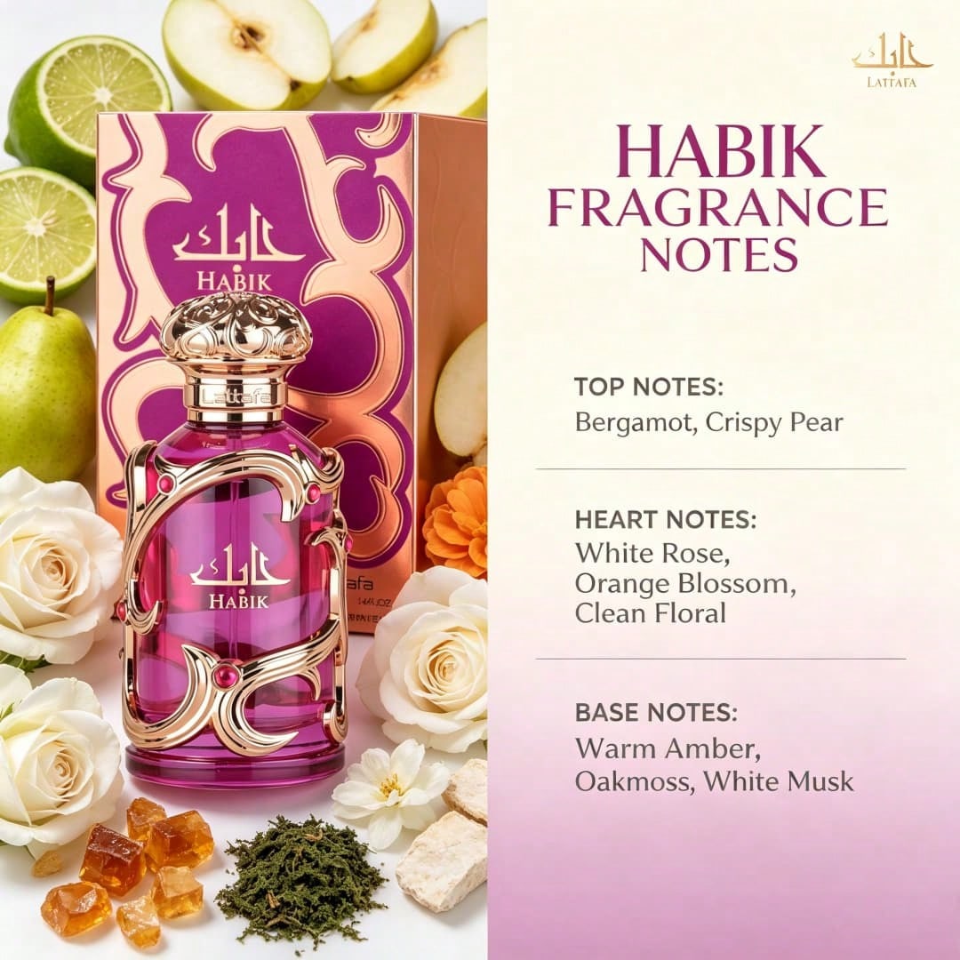 Lattafa Habik EDP For Women (3.4 Oz/ 100 Ml) Features Notes Of Crisp Pear, Jasmine, Freesia, Amber, Oakmoss, And White Musk; It Offers A Longevity Of Approximately 6–8 Hours With A Natural, Non-Intru