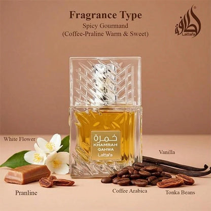 Lattafa Khamrah Qahwa For Unisex Eau De Parfum Spray, 3.4 Ounce/ 100 Ml Ideal For Dates, Office & Holiday Gift
