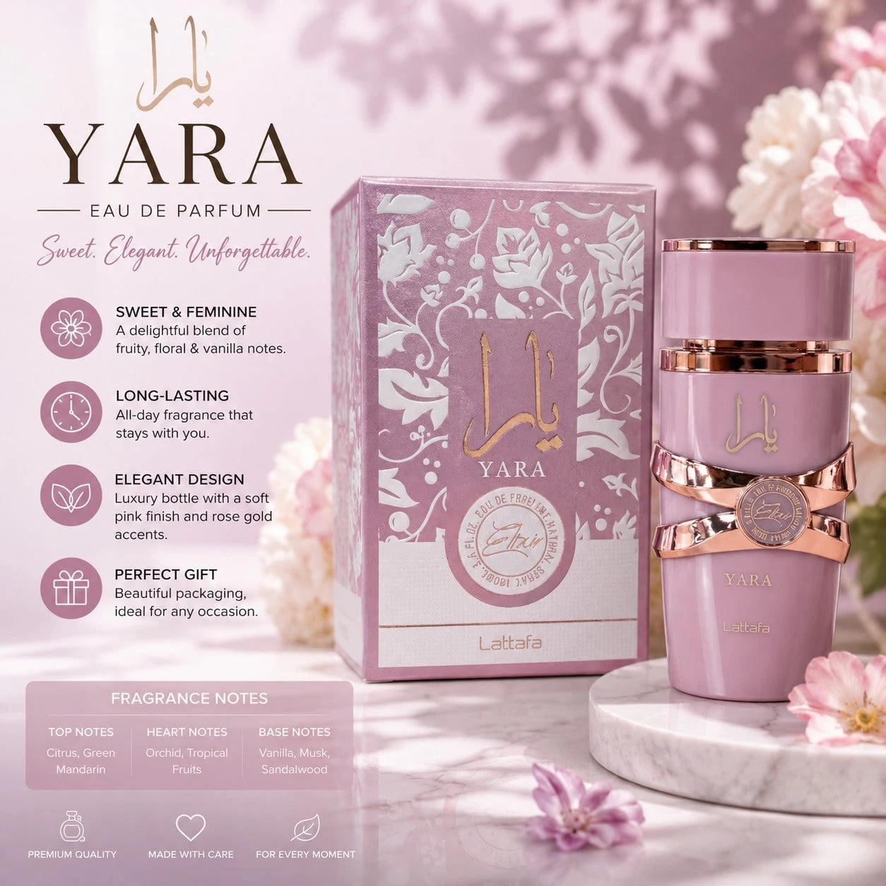 Lattafa Yara Eau De Parfum For Women 100ml- Long Lasting Sweet Floral Vanilla Fragrance- Luxury Pink Bottle Perfume Gift Box
