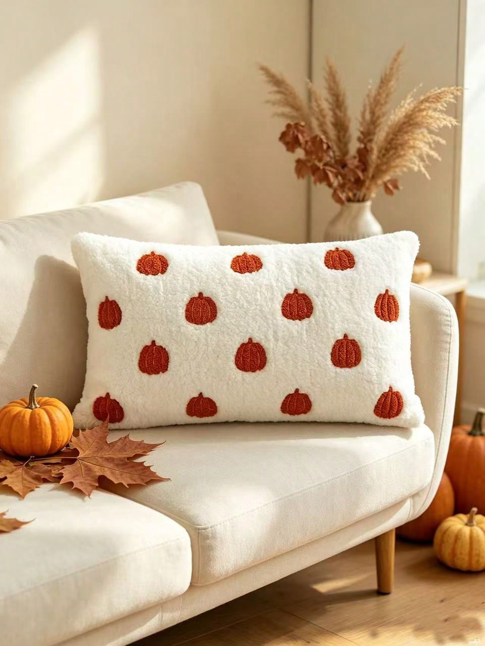 LCUHPCL 1pc Autumn/Winter Thanksgiving Faux Fur 3D Embroidered Pumpkin Pillow Case, Home Decor For Living Room, Bedroom, Party, Car And Other Environments