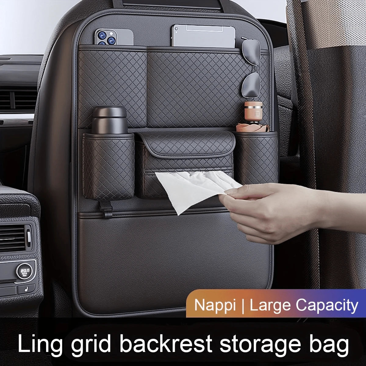 Leather Car Seat Back Storage Bag, Travel Car Seat Organizer With Multiple Pockets For Kids Essentials, Foldable Tray Table Holder, Cup Holder And Tissue Box