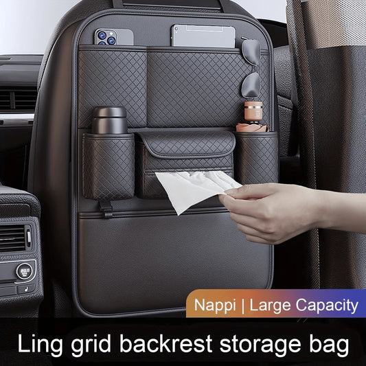 Leather Car Seat Back Storage Bag, Travel Car Seat Organizer With Multiple Pockets For Kids Essentials, Foldable Tray Table Holder, Cup Holder And Tissue Box