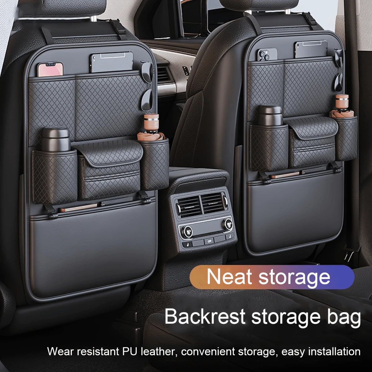 Leather Car Seat Back Storage Bag, Travel Car Seat Organizer With Multiple Pockets For Kids Essentials, Foldable Tray Table Holder, Cup Holder And Tissue Box