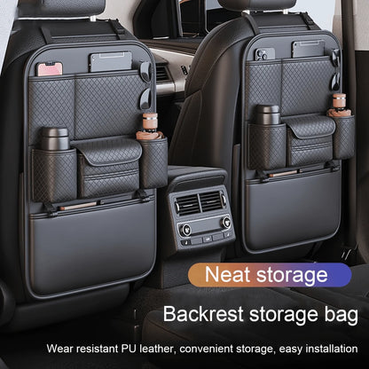 Leather Car Seat Back Storage Bag, Travel Car Seat Organizer With Multiple Pockets For Kids Essentials, Foldable Tray Table Holder, Cup Holder And Tissue Box