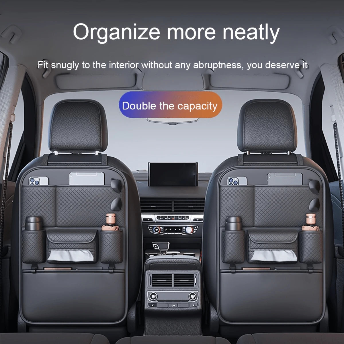 Leather Car Seat Back Storage Bag, Travel Car Seat Organizer With Multiple Pockets For Kids Essentials, Foldable Tray Table Holder, Cup Holder And Tissue Box