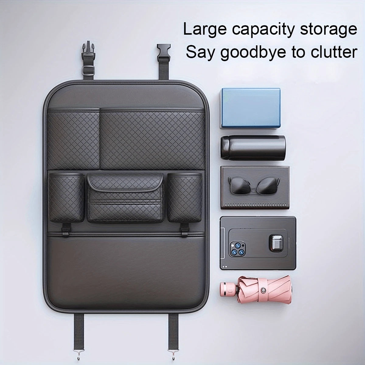 Leather Car Seat Back Storage Bag, Travel Car Seat Organizer With Multiple Pockets For Kids Essentials, Foldable Tray Table Holder, Cup Holder And Tissue Box