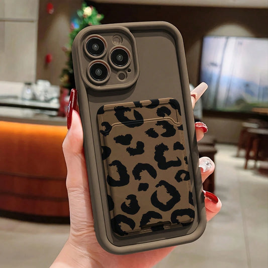 Leopard Print TPU Shockproof 2pcs Set Brown Self-Adhesive Card Premium Holder/Card Slot Phone Case/Card Holder With Cardholder Protective Case Compatible With IPhone 6/7/8/X/Xs/XR/XS Max/11/12/13/14/1