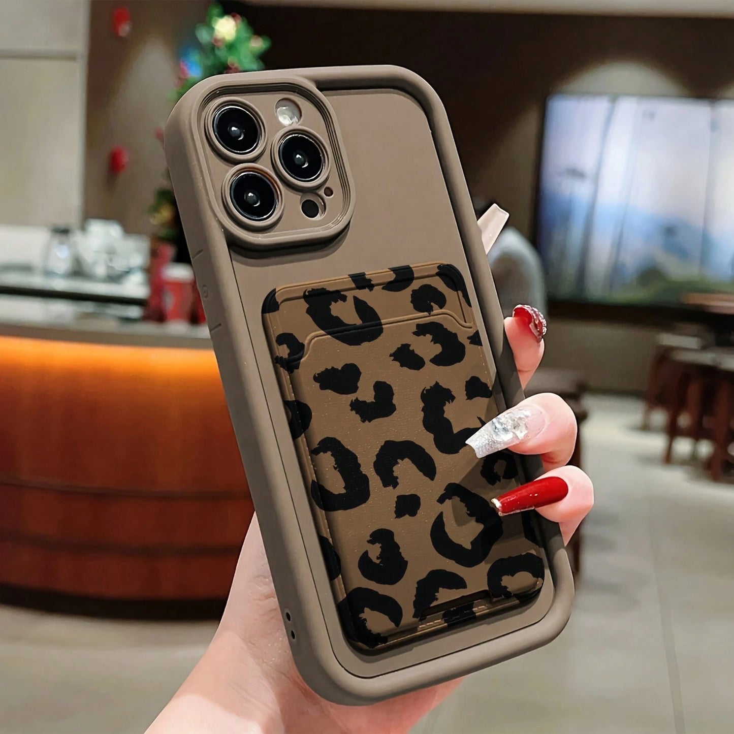 Leopard Print TPU Shockproof 2pcs Set Brown Self-Adhesive Card Premium Holder/Card Slot Phone Case/Card Holder With Cardholder Protective Case Compatible With IPhone 6/7/8/X/Xs/XR/XS Max/11/12/13/14/1