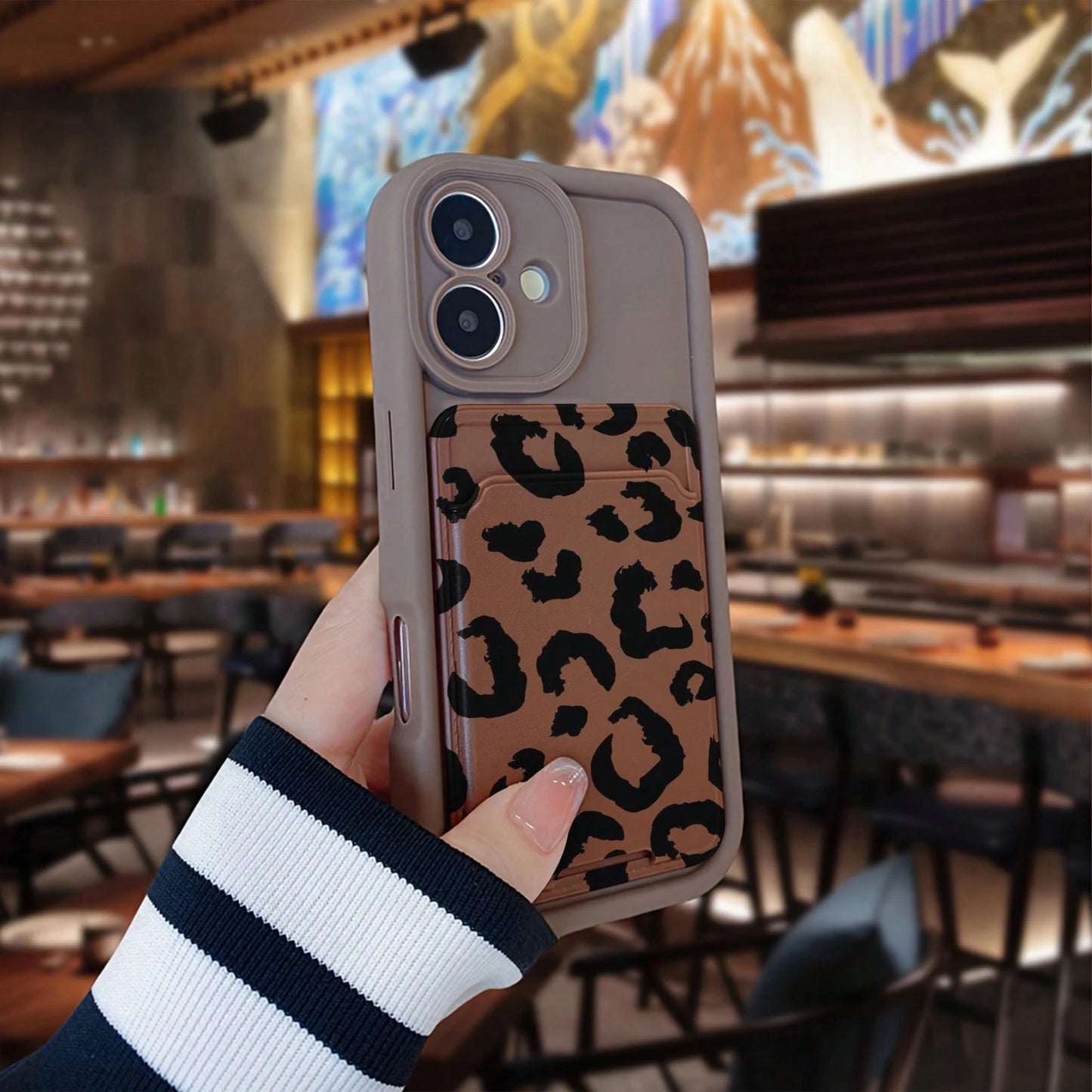 Leopard Print TPU Shockproof 2pcs Set Brown Self-Adhesive Card Premium Holder/Card Slot Phone Case/Card Holder With Cardholder Protective Case Compatible With IPhone 6/7/8/X/Xs/XR/XS Max/11/12/13/14/1