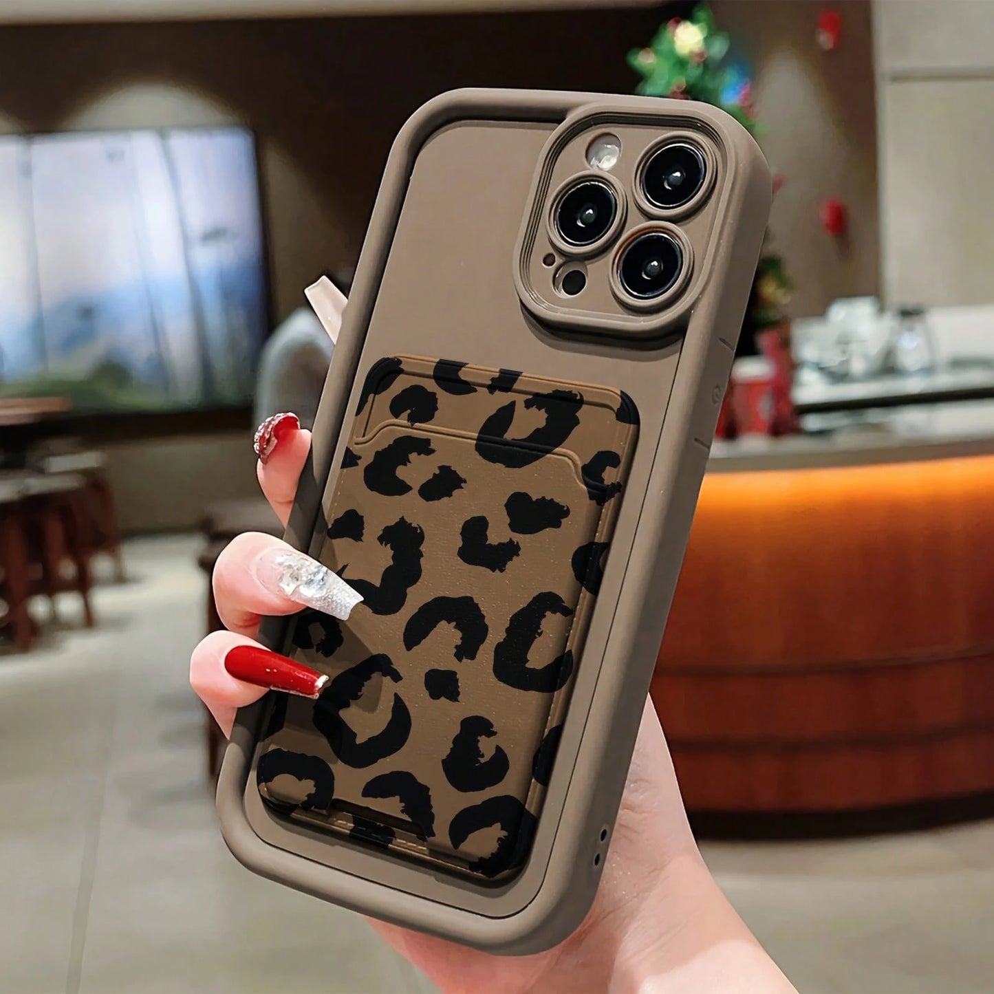 Leopard Print TPU Shockproof 2pcs Set Brown Self-Adhesive Card Premium Holder/Card Slot Phone Case/Card Holder With Cardholder Protective Case Compatible With IPhone 6/7/8/X/Xs/XR/XS Max/11/12/13/14/1