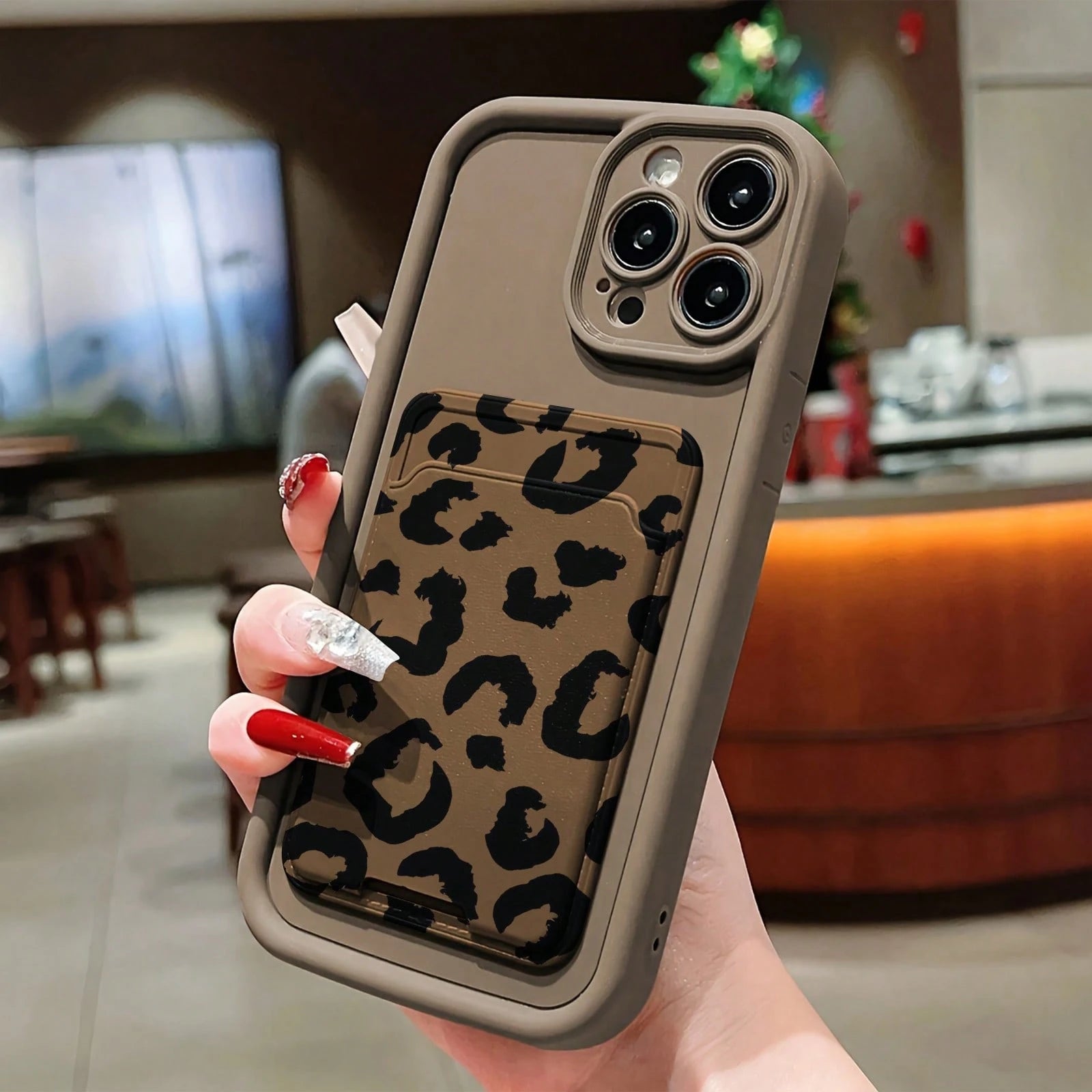 Leopard Print TPU Shockproof 2pcs Set Brown Self-Adhesive Card Premium Holder/Card Slot Phone Case/Card Holder With Cardholder Protective Case Compatible With IPhone 6/7/8/X/Xs/XR/XS Max/11/12/13/14/1