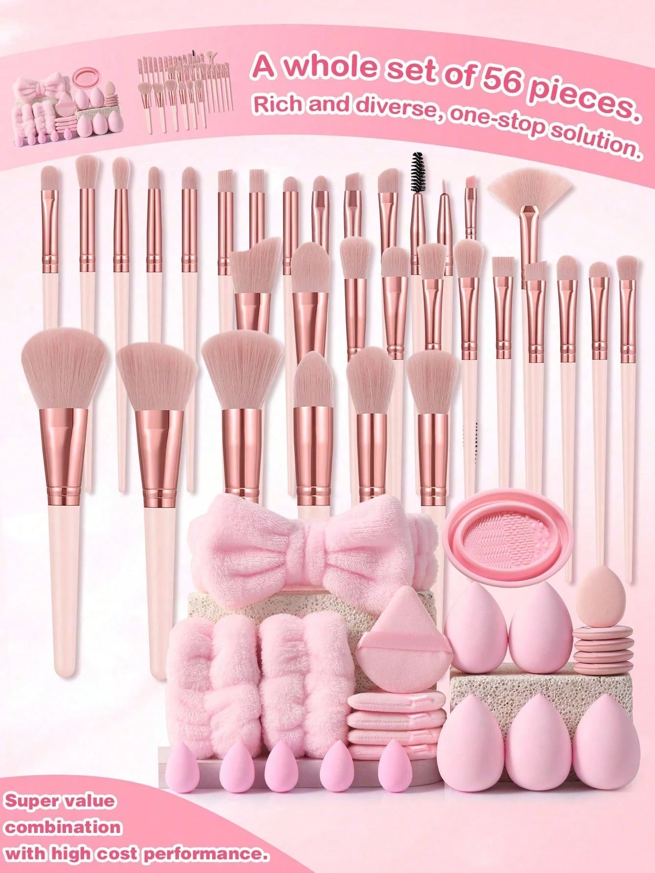 (Light Pink)32PCS Makeup Brush Sets Premium Synthetic Hair Eyeshadow Blending Brush Sets Cosmetics Tools+24PCS Makeup Tools Set,Travel,Travel Essential,Valentine's Day,Cheap,Travel Makeup Brush,Gifts