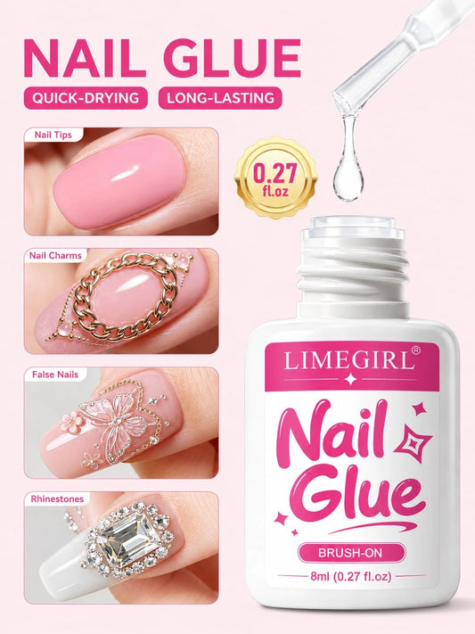 LIMEGIRL 8ml Super Strong Nail Glue For Nail Tips, Nail Tips And Acrylic Nails, Brush-On Glue Long-Lasting, Maximum Strength, No Residue Easy To Clean