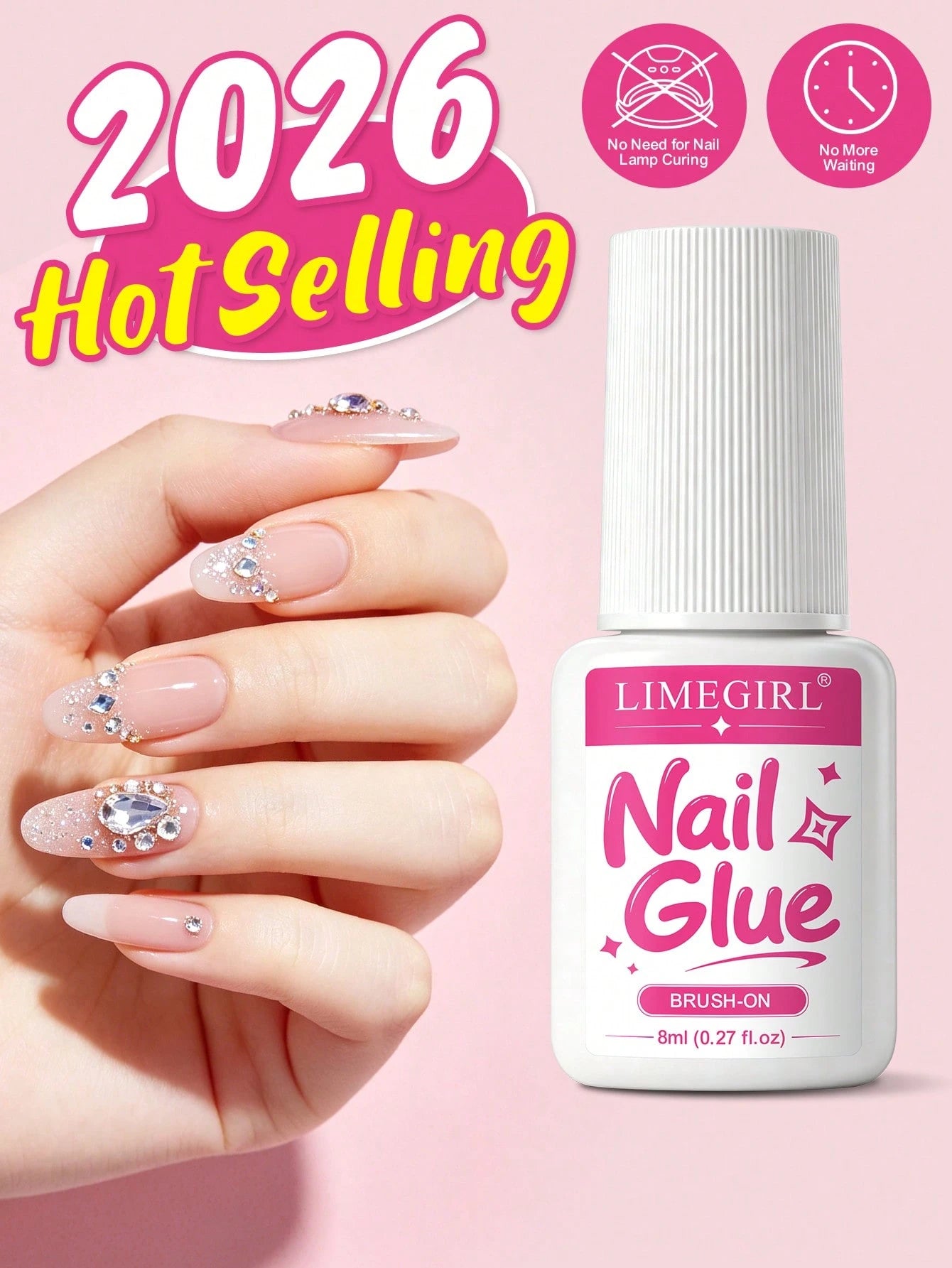 LIMEGIRL 8ml Super Strong Nail Glue For Nail Tips, Nail Tips And Acrylic Nails, Brush-On Glue Long-Lasting, Maximum Strength, No Residue Easy To Clean
