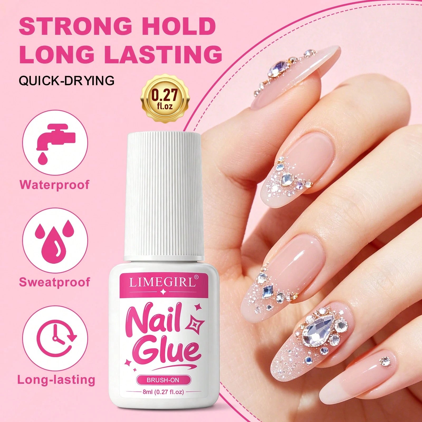 LIMEGIRL 8ml Super Strong Nail Glue For Nail Tips, Nail Tips And Acrylic Nails, Brush-On Glue Long-Lasting, Maximum Strength, No Residue Easy To Clean