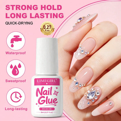 LIMEGIRL 8ml Super Strong Nail Glue For Nail Tips, Nail Tips And Acrylic Nails, Brush-On Glue Long-Lasting, Maximum Strength, No Residue Easy To Clean