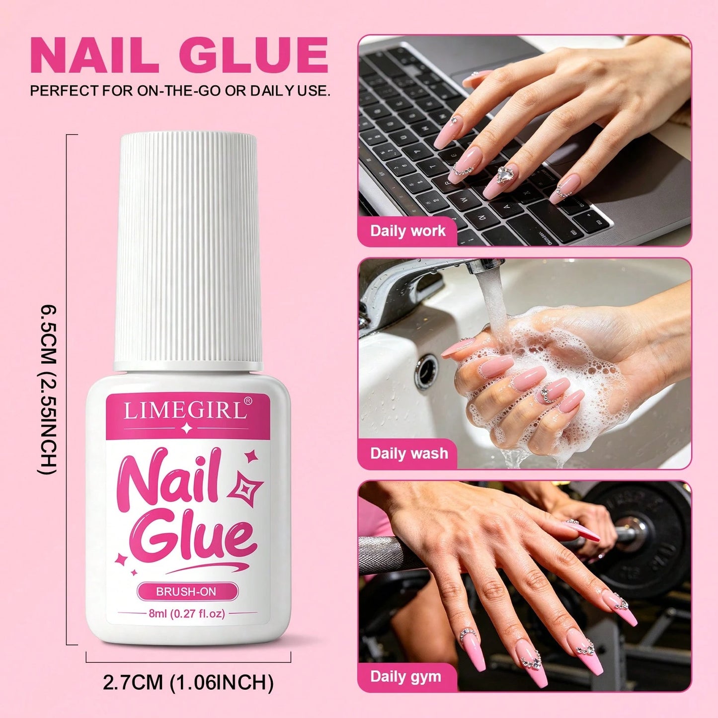 LIMEGIRL 8ml Super Strong Nail Glue For Nail Tips, Nail Tips And Acrylic Nails, Brush-On Glue Long-Lasting, Maximum Strength, No Residue Easy To Clean