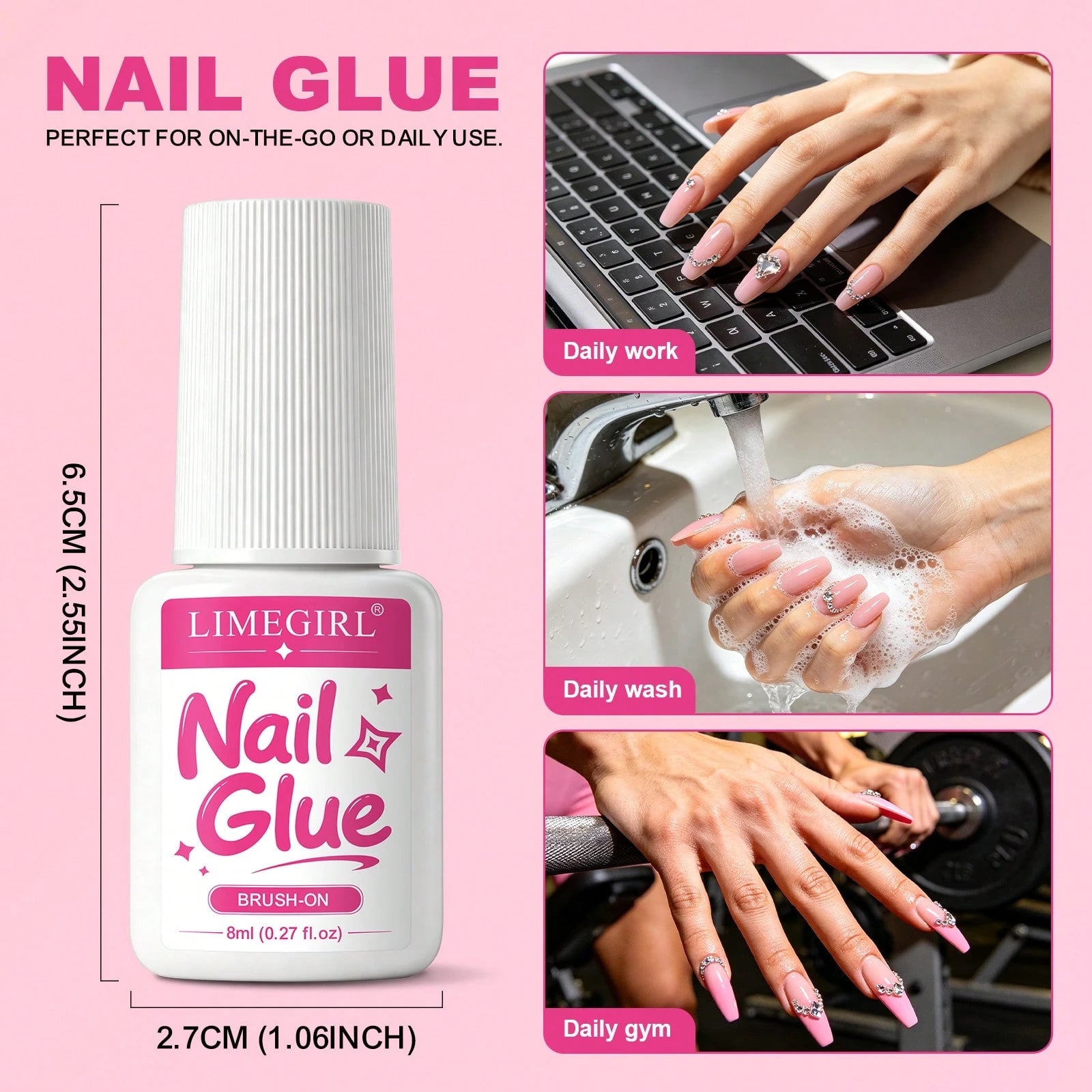 LIMEGIRL 8ml Super Strong Nail Glue For Nail Tips, Nail Tips And Acrylic Nails, Brush-On Glue Long-Lasting, Maximum Strength, No Residue Easy To Clean