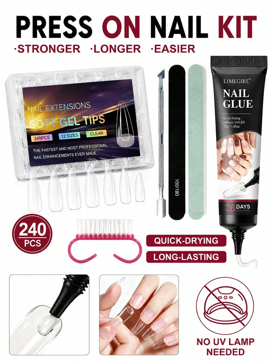 LIMEGIRL Press On Nail Kit, 240PCS Clear Soft Gel Nail Tips Set With Nail Glue, Nail File, Cuticle Pusher & Cleaning Brush, No UV Lamp Needed For DIY Nail Extensions