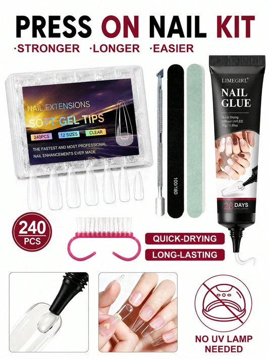 LIMEGIRL Press On Nail Kit, 240PCS Clear Soft Gel Nail Tips Set With Nail Glue, Nail File, Cuticle Pusher & Cleaning Brush, No UV Lamp Needed For DIY Nail Extensions