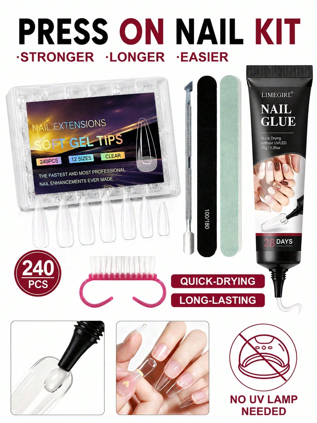 LIMEGIRL Press On Nail Kit, 240PCS Clear Soft Gel Nail Tips Set With Nail Glue, Nail File, Cuticle Pusher & Cleaning Brush, No UV Lamp Needed For DIY Nail Extensions