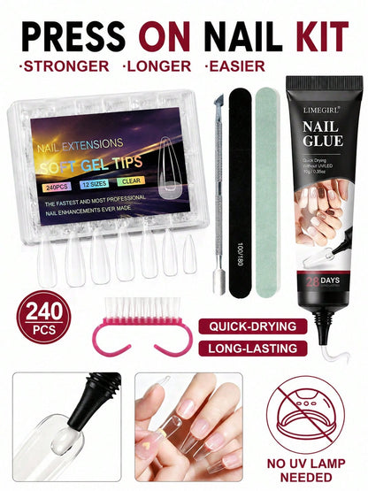 LIMEGIRL Press On Nail Kit, 240PCS Clear Soft Gel Nail Tips Set With Nail Glue, Nail File, Cuticle Pusher & Cleaning Brush, No UV Lamp Needed For DIY Nail Extensions