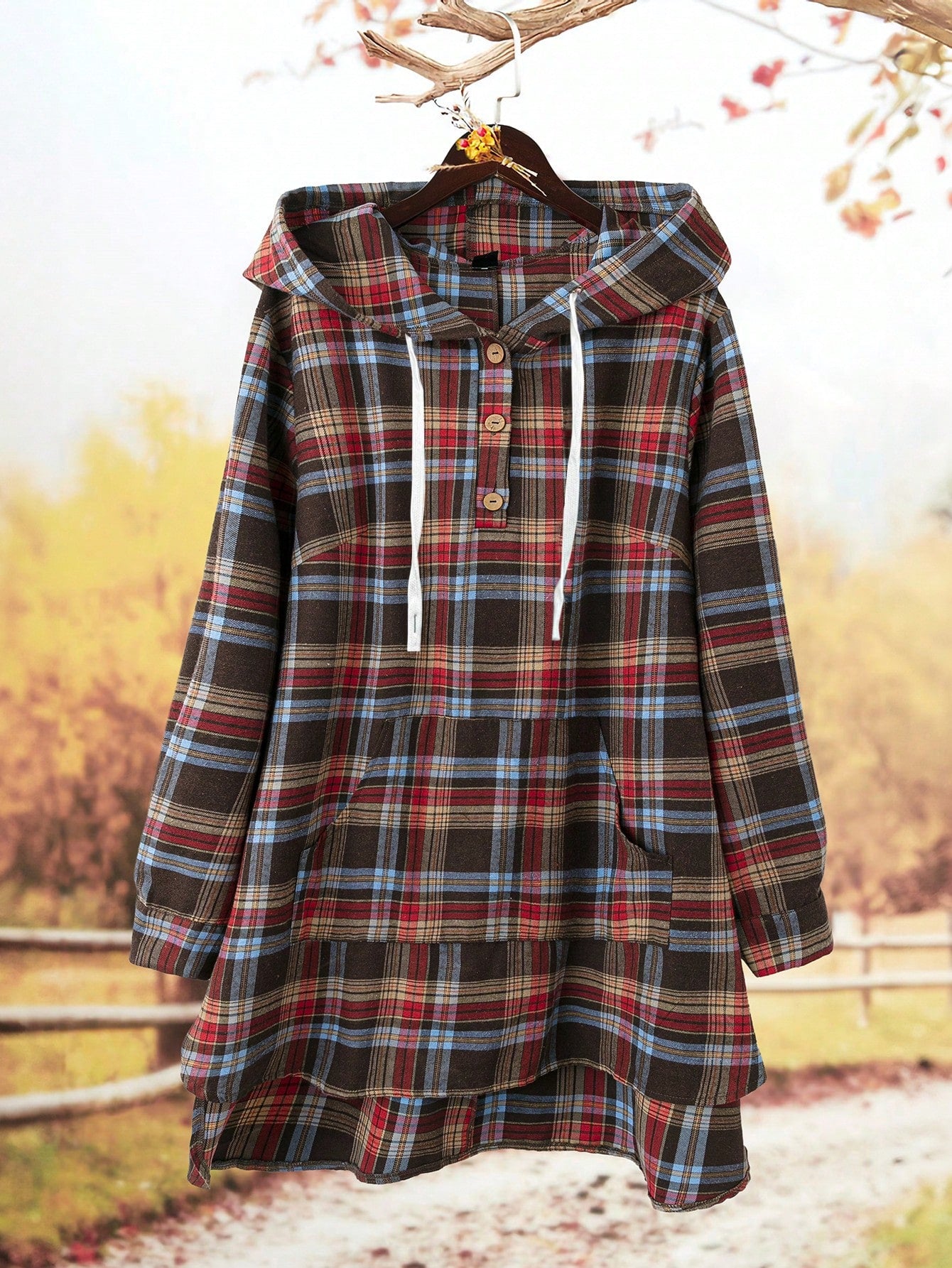Linhara Plus Size Women Brushed Plaid Hooded Pockets Mid-Length Casual Elegant Pullover Blouse, Spring & Autumn For New Year Clothes Fall Cloth For Women
