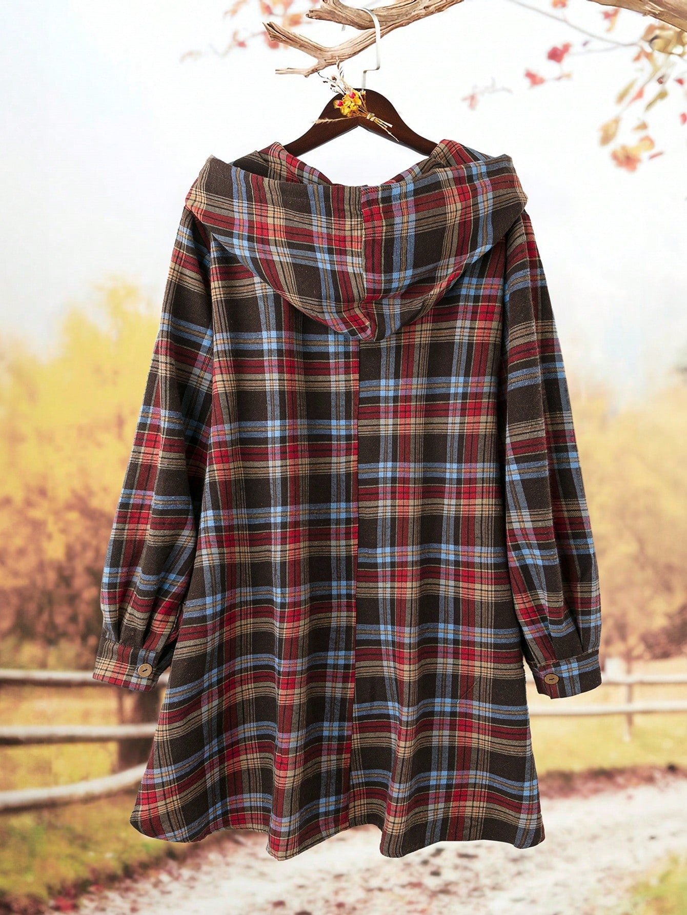 Linhara Plus Size Women Brushed Plaid Hooded Pockets Mid-Length Casual Elegant Pullover Blouse, Spring & Autumn For New Year Clothes Fall Cloth For Women