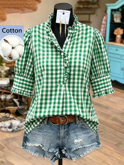 Linhara Plus Size Women's Autumn Ruffle Trim Green Gingham Oktoberfest Casual 90s Style Blouses,Green Gingham Top Plaid Top,Comfort Cotton Shirt Office