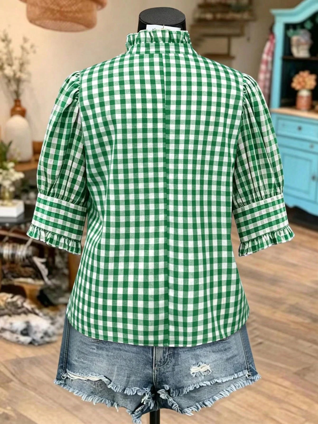 Linhara Plus Size Women's Autumn Ruffle Trim Green Gingham Oktoberfest Casual 90s Style Blouses,Green Gingham Top Plaid Top,Comfort Cotton Shirt Office
