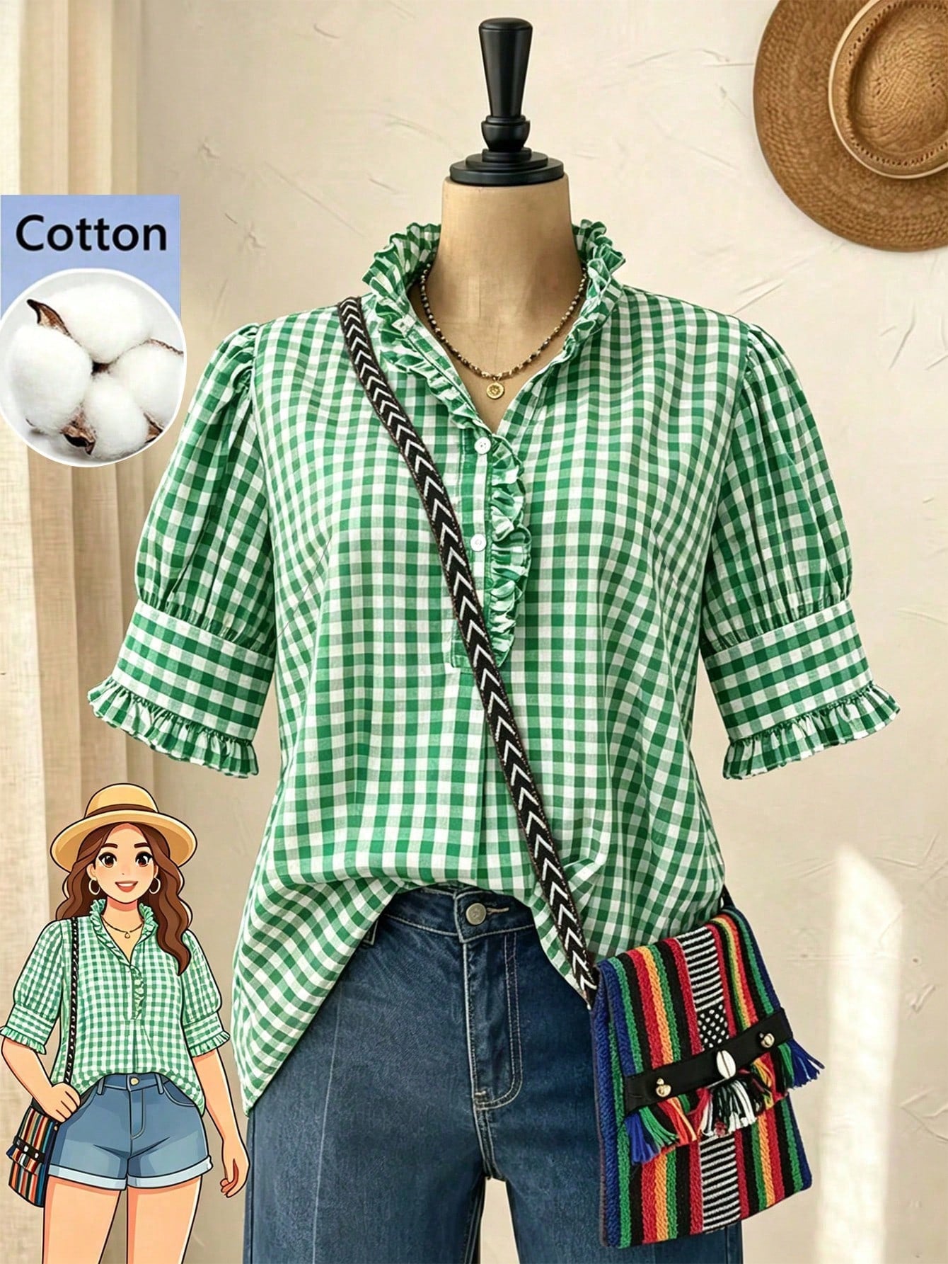 Linhara Plus Size Women's Autumn Ruffle Trim Green Gingham Oktoberfest Casual 90s Style Blouses,Green Gingham Top Plaid Top,Comfort Cotton Shirt Office