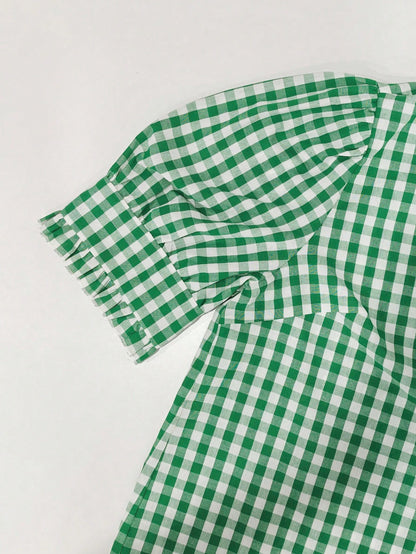 Linhara Plus Size Women's Autumn Ruffle Trim Green Gingham Oktoberfest Casual 90s Style Blouses,Green Gingham Top Plaid Top,Comfort Cotton Shirt Office