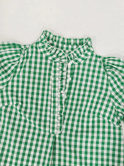 Linhara Plus Size Women's Autumn Ruffle Trim Green Gingham Oktoberfest Casual 90s Style Blouses,Green Gingham Top Plaid Top,Comfort Cotton Shirt Office
