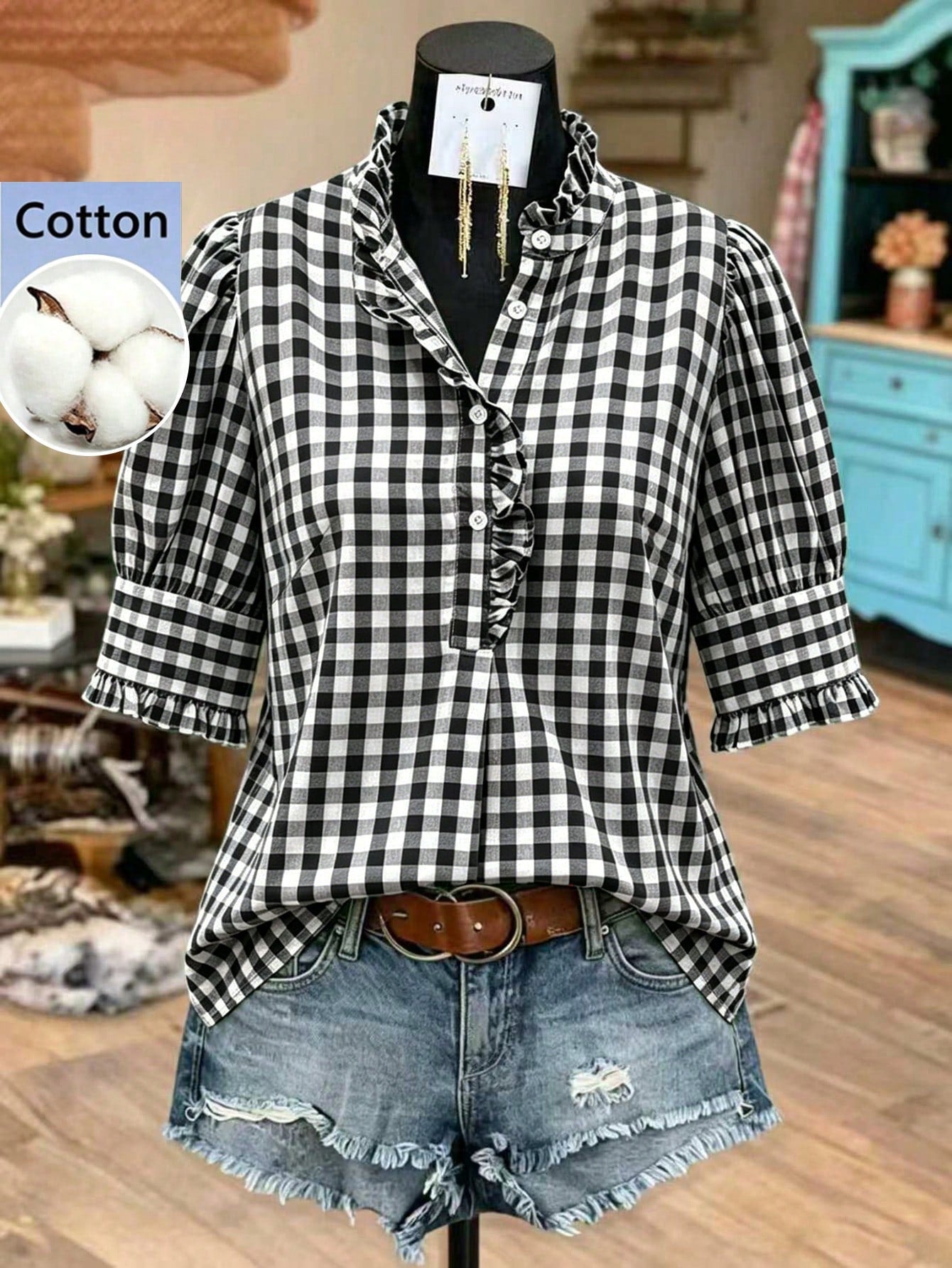 Linhara Plus Size Women's Autumn Ruffle Trim Green Gingham Oktoberfest Casual 90s Style Blouses,Green Gingham Top Plaid Top,Comfort Cotton Shirt Office
