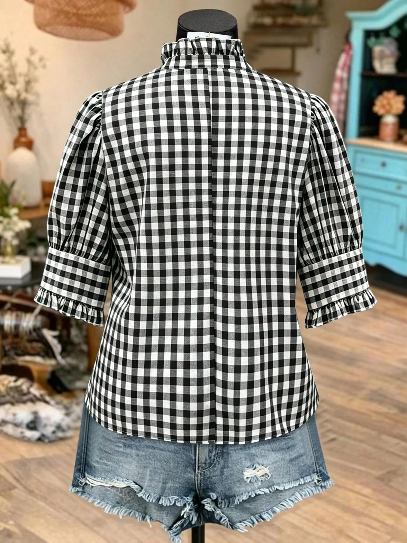 Linhara Plus Size Women's Autumn Ruffle Trim Green Gingham Oktoberfest Casual 90s Style Blouses,Green Gingham Top Plaid Top,Comfort Cotton Shirt Office