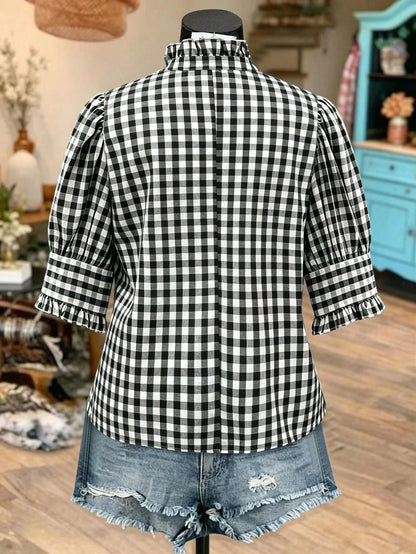 Linhara Plus Size Women's Autumn Ruffle Trim Green Gingham Oktoberfest Casual 90s Style Blouses,Green Gingham Top Plaid Top,Comfort Cotton Shirt Office