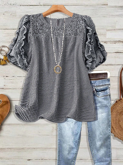 Linhara Plus Size Women's Woven Regular Summer Casual Comfortable Commute Home Round Neck Short Sleeve Ruffle Hem Black & White Contrast Shirt
