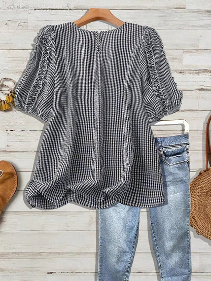 Linhara Plus Size Women's Woven Regular Summer Casual Comfortable Commute Home Round Neck Short Sleeve Ruffle Hem Black & White Contrast Shirt