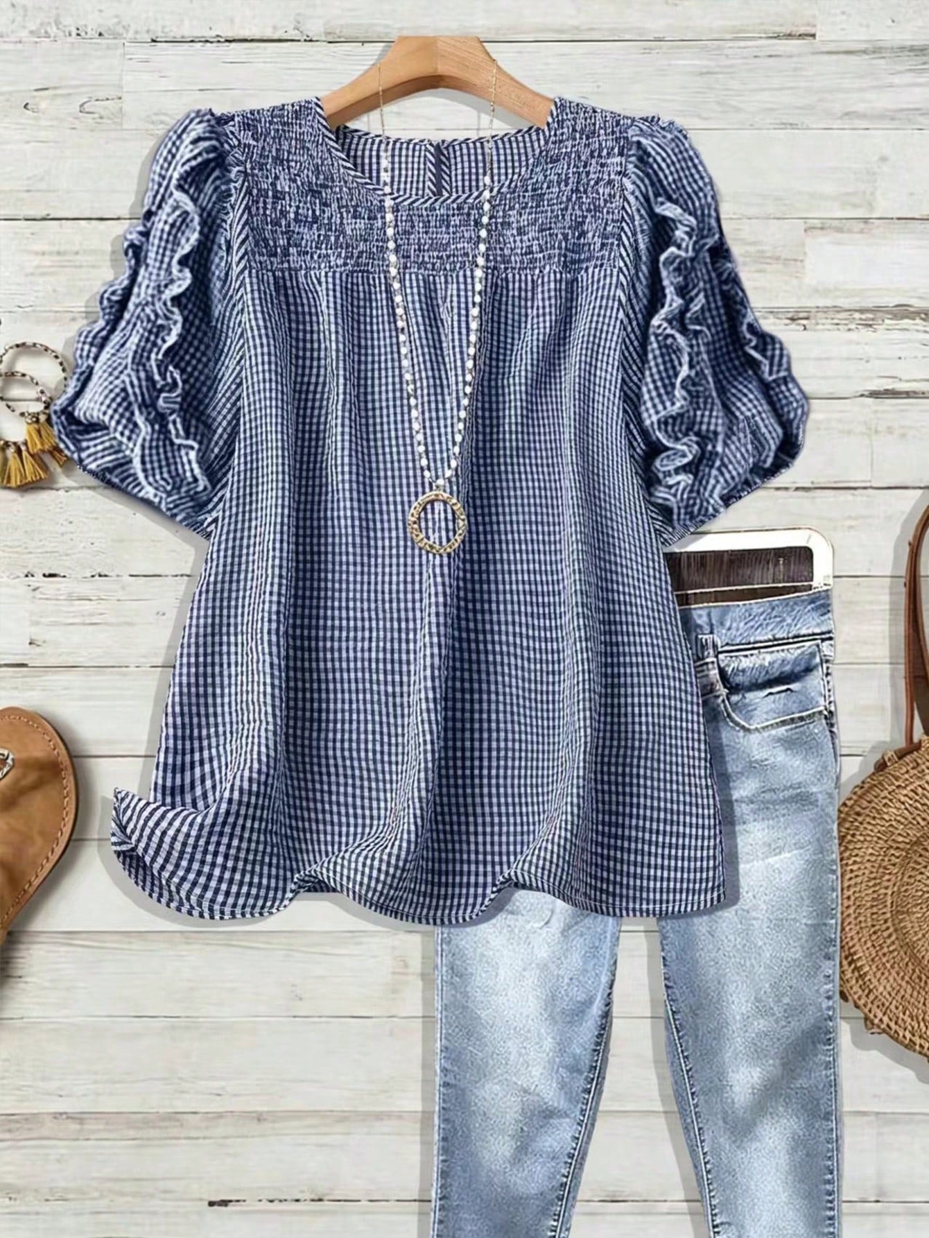 Linhara Plus Size Women's Woven Regular Summer Casual Comfortable Commute Home Round Neck Short Sleeve Ruffle Hem Black & White Contrast Shirt