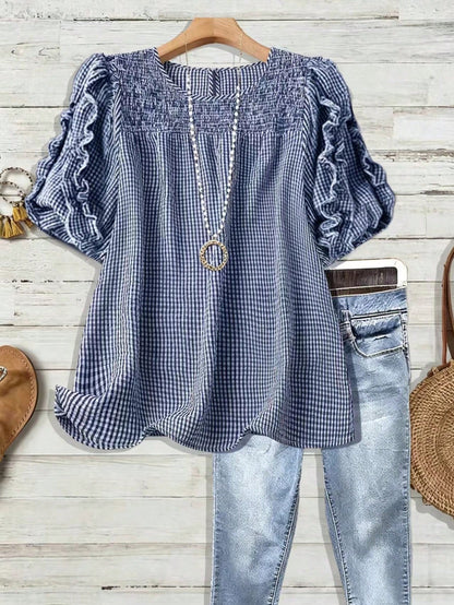 Linhara Plus Size Women's Woven Regular Summer Casual Comfortable Commute Home Round Neck Short Sleeve Ruffle Hem Black & White Contrast Shirt