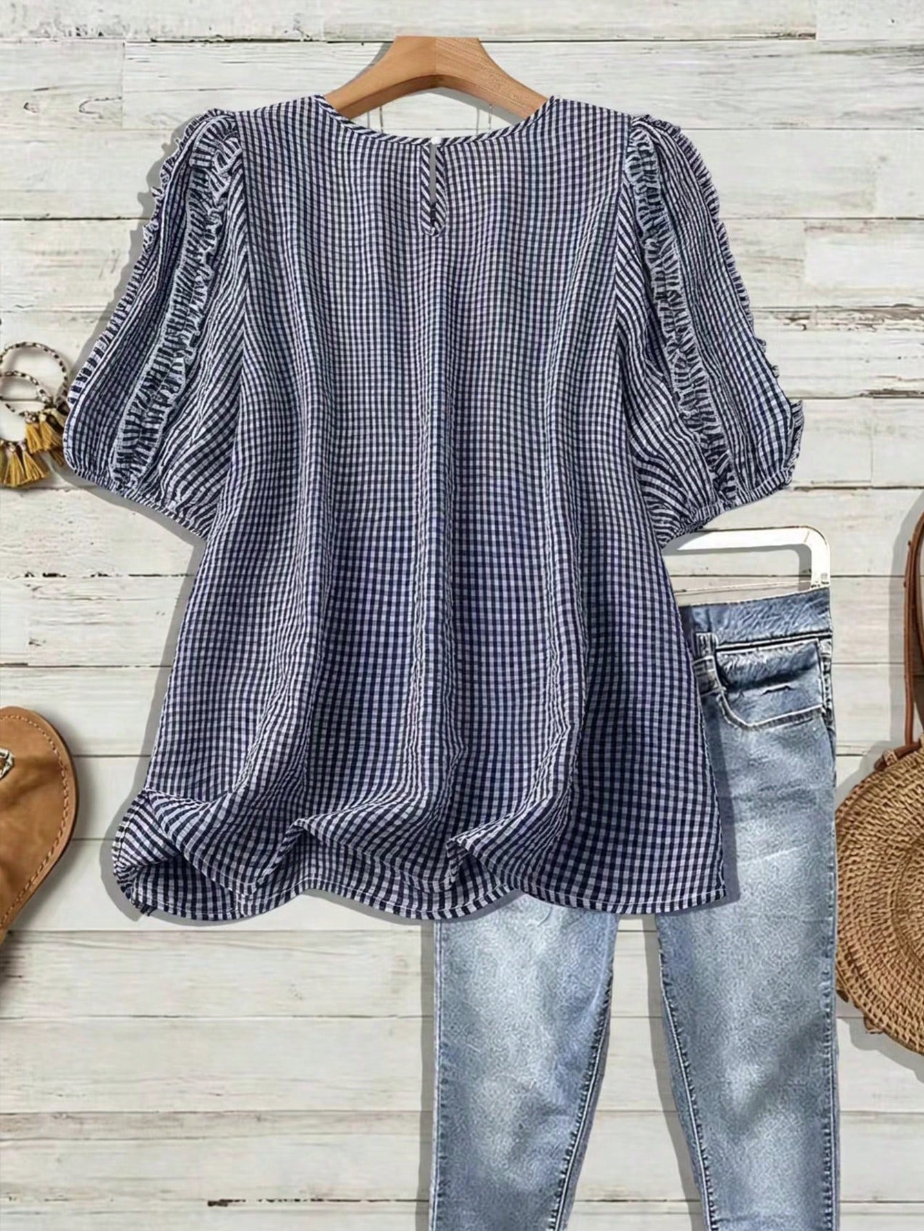 Linhara Plus Size Women's Woven Regular Summer Casual Comfortable Commute Home Round Neck Short Sleeve Ruffle Hem Black & White Contrast Shirt
