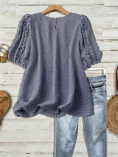Linhara Plus Size Women's Woven Regular Summer Casual Comfortable Commute Home Round Neck Short Sleeve Ruffle Hem Black & White Contrast Shirt